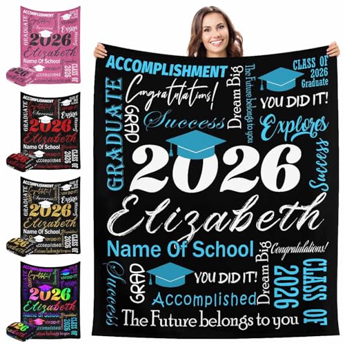 casecoco Personalized Graduation Gifts Blanket with Name School, Custom Class of 2026 Graduation Blankets 2026 Grad Throw Customized Blanket for High School College Graduation Party Gifts