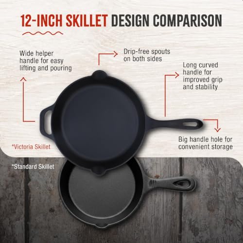 Image of Victoria 12-Inch Cast Iron Skillet, Pre-Seasoned Cast-Iron Frying Pan with Long Handle, Made in Colombia