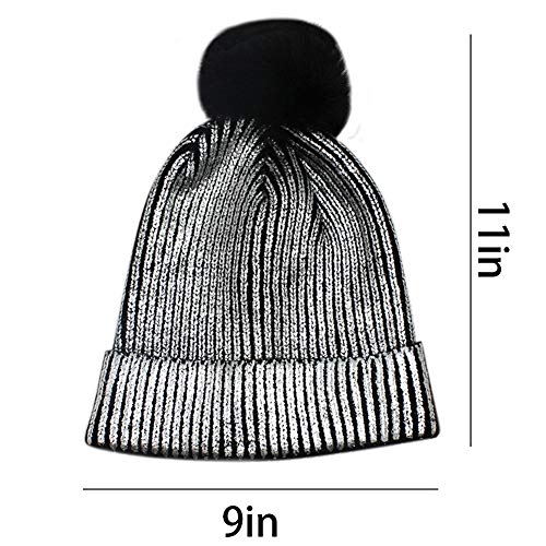 Women Girls Metallic Winter Hat Soft Warm Knitted Beanie Pom Pom Skull Cap (Silver) #TOP4
