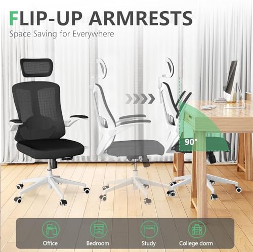 Image of Office Chair (07White-Black, Chair) | 360 Swivel Adjustable Lumbar Support & Flip-Up Armrests capacity 300 lbs capacity