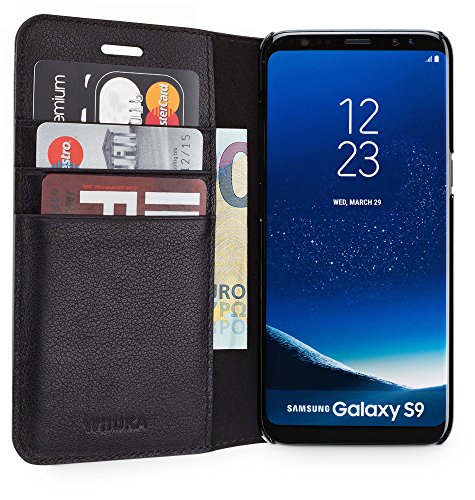 WIIUKA Echt Ledertasche -TRAVEL Away- für Samsung Galaxy S9 mit Vier Kartenfächern, extra Dünn, Tasche Schwarz, Leder Hülle kompatibel mit Samsung Galaxy S9