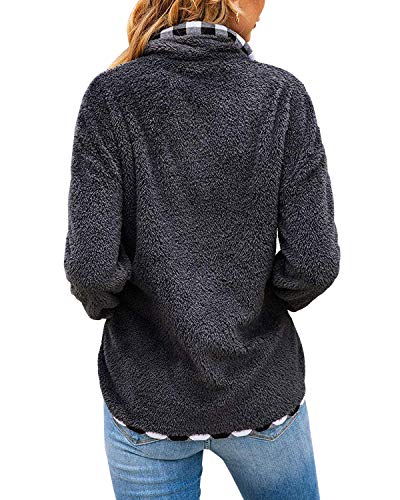 Yanekop Womens Fuzzy Fleece Pullover Plaid Print Sherpa Sweatshirt Button Collar Tops With Pockets(Dark Gray,S) #TOP1