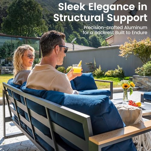 Image of Sundale Outdoor Aluminum Patio Furniture Set, 4 Piece Outdoor Conversation Sets with Coffee Table and Washable Thick Cushions, All Weather Outdoor Sectional Set for Deck, Lawn, Yard (Navy Blue)