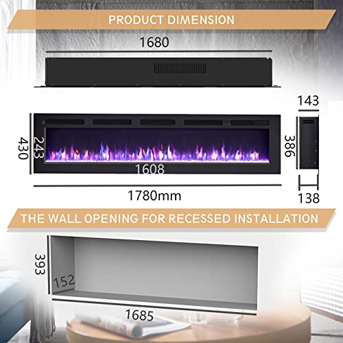 FlameKo Wilton 70"/178cm Electric Fireplace, Wall Mounted, Recessed, 9 Colour Flame Effect, Media Wall Compatible, 900W - 1800W Heater, Remote Control - Image 2