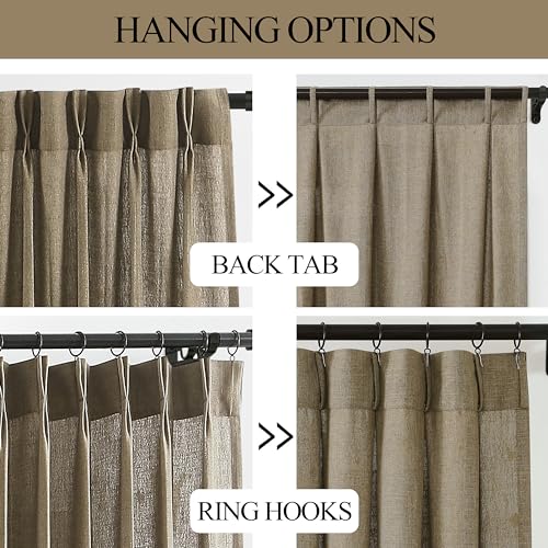 Image of Vision Home Brown Pinch Pleated Semi Sheer Curtains Textured Linen Blended Light Filtering Window Curtains 95 inch for Living Room Bedroom Pinch Pleat Drapes with Hooks 2 Panels 40 inch Wx95 L
