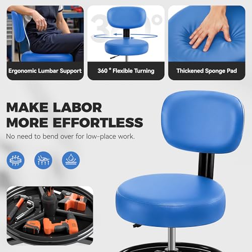 Image of Shop Stool with Wheels for Garage, Mechanics Rolling Chair with Backrest, Adjustable Height Heavy Duty Garage Stool with Footrest and Storage Tray, Swivel Task Chair for Workshop Kitchen Salon (Blue)