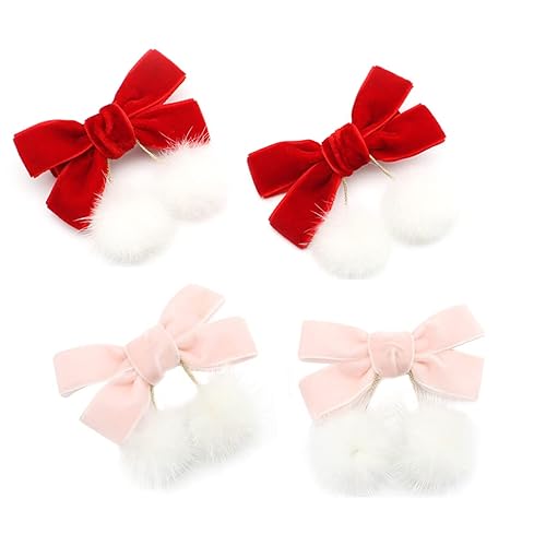 Miniatura 1 de 4 piezas de Navidad rojo para niñas de estilo chino, bolas peludas peludas de terciopelo, lazos de borlas, pinzas para el cabello, lazos para el
