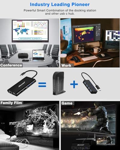 Image of Hiearcool USB C Laptop Docking Station, 11-in-1 Type C Hub Multiport Adapter Dongle, USB C Dock with Dual HDMI VGA 100W PD Charging Gigabit Ethernet for Dell HP Lenovo Windows Laptops