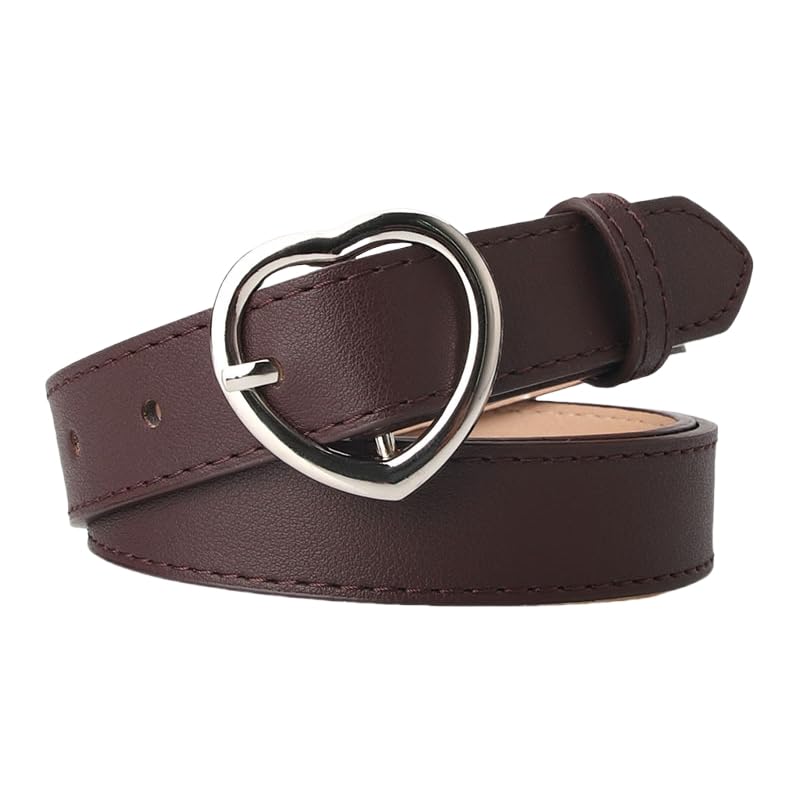 Xiao Hua Women's PU Leather Belt - Heart Button Belt, Versatile for Dresses & Jeans, 41in, Stylish & Easy Match(Coffee)