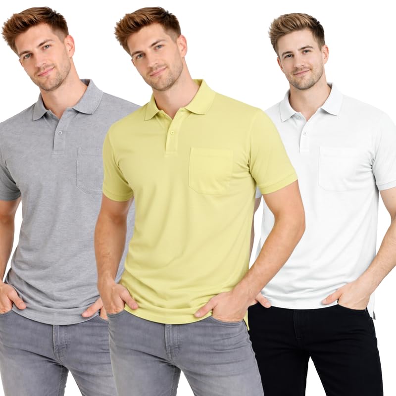 Image of SMAN Polo Neck T-Shirt Pack of 3 for Men & Boys | Half Sleeve Collar Tee with Pocket | Premium Spun Matty Fabric | Casual & Office Wear | Sizes M to 2XL | FX PO3 MCR LMN WHT