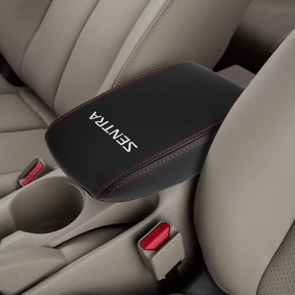 LEXLEY Armrest Box Cover Center Console Pad Waterproof Anti-Scratch Leather Protector Covers For Nissan 2013-2019 Sentra-Black Stitches