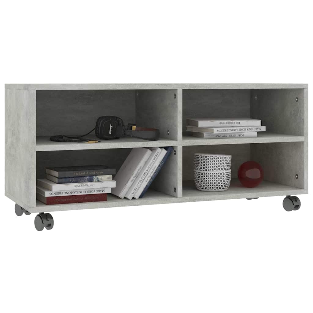 Mobile TV con ruote, grigio cemento, 90 x 35 x 35 cm, in legno, con 4 scomparti aperti, facilmente mobile, con spazio per soggiorno, home theater e camera da letto