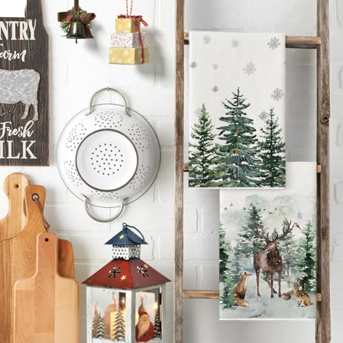 Artoid Mode Aquarell Rentier Bäume Schneeflocken Weihnachten Küchentücher Geschirrtücher, 42x65 cm Winter Christmas Deko Polyester Handtücher 2er Set
