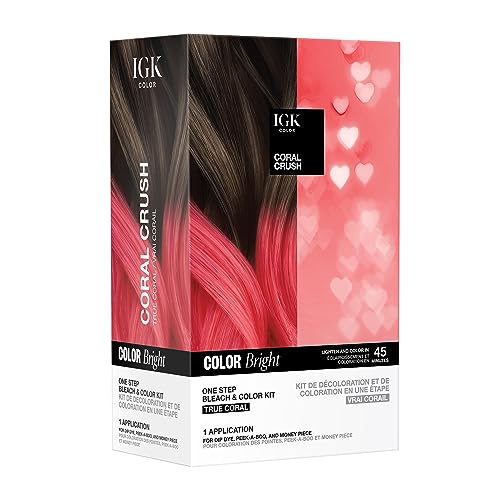 IGK Color Bright One Step Bleach & Color Kit for Accent Pieces CORAL CRUSH - True Coral | One-Step Color Processing + Replenishes + Hydrates | Vegan + Cruelty Free + Ammonia Free | 4 Oz