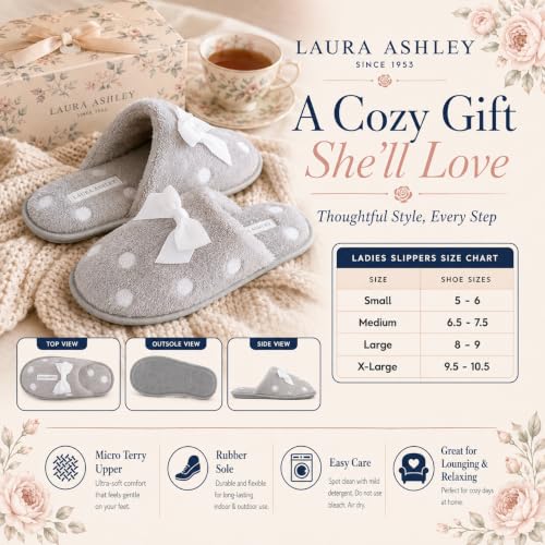 Image of Laura Ashley Ladies Embroidered Soft Terry Plush Scuff Slipper