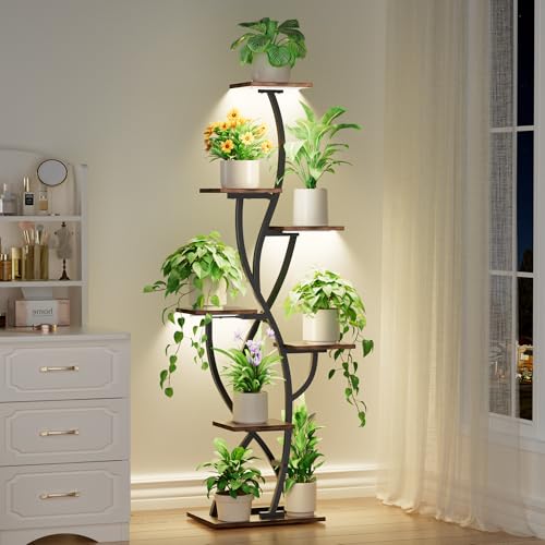Image of Plant Stand Indoor with Grow Lights - 7 Tiered Tall Lighted Plant Shelf | 58 inch Corner Flower Stand for Indoor Multiple Plants, Metal Plant Holder Display Rack for Living Room, House, Patio, Black