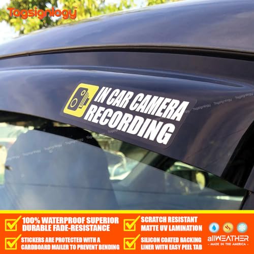 Image of (Pack of 4) in-Car Camera Recording Sticker - Dash Cam on Board Video Security Label, Baby, Passenger, and Driver Safety, Deter Car Break-Ins Window Bumper Weatherproof Decal (Black)