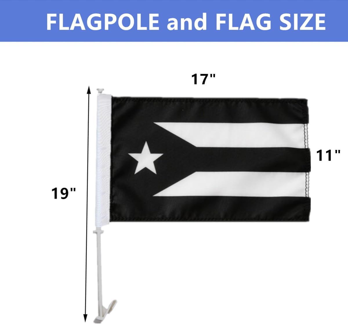 2 Pack Puerto Rico Black Car Flags 11" x 17" with Flagpole Mount,Puerto Rican National Car Flag,19" Flagpole Fixed Window Clip Mount for Most Vehicle Window.