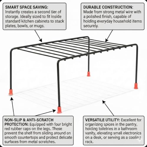 Image of Stainless Steel Kitchen Cabinet Shelf Organizer Rack, Under Cabinet Kitchen Dish Rack| Multipurpose Storage Stand, Bed Rack | (28 x 18.5 x 12.5 CM, Black) (Pack of 5)