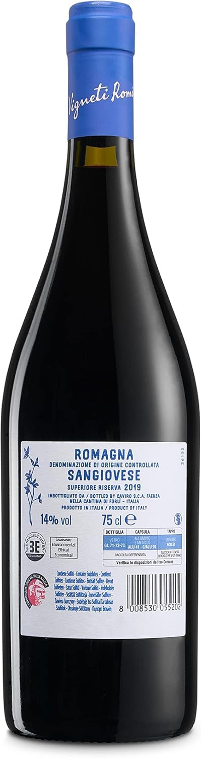 Vigneti Romio Rotwein Sangiovese Superiore Riserva Romagna DOC, Abgerundeter Geschmack mit Typischen Kirsch- und Brombeernoten, 14 % Vol., Karton mit 6 Flaschen mit jeweils 750 ml