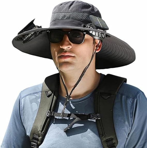 Fishing Hat with Built in Fan, 2025 New Hat with Fans Solar Power, Wide Brim Outdoor Fishing -Solar & USB Charging
