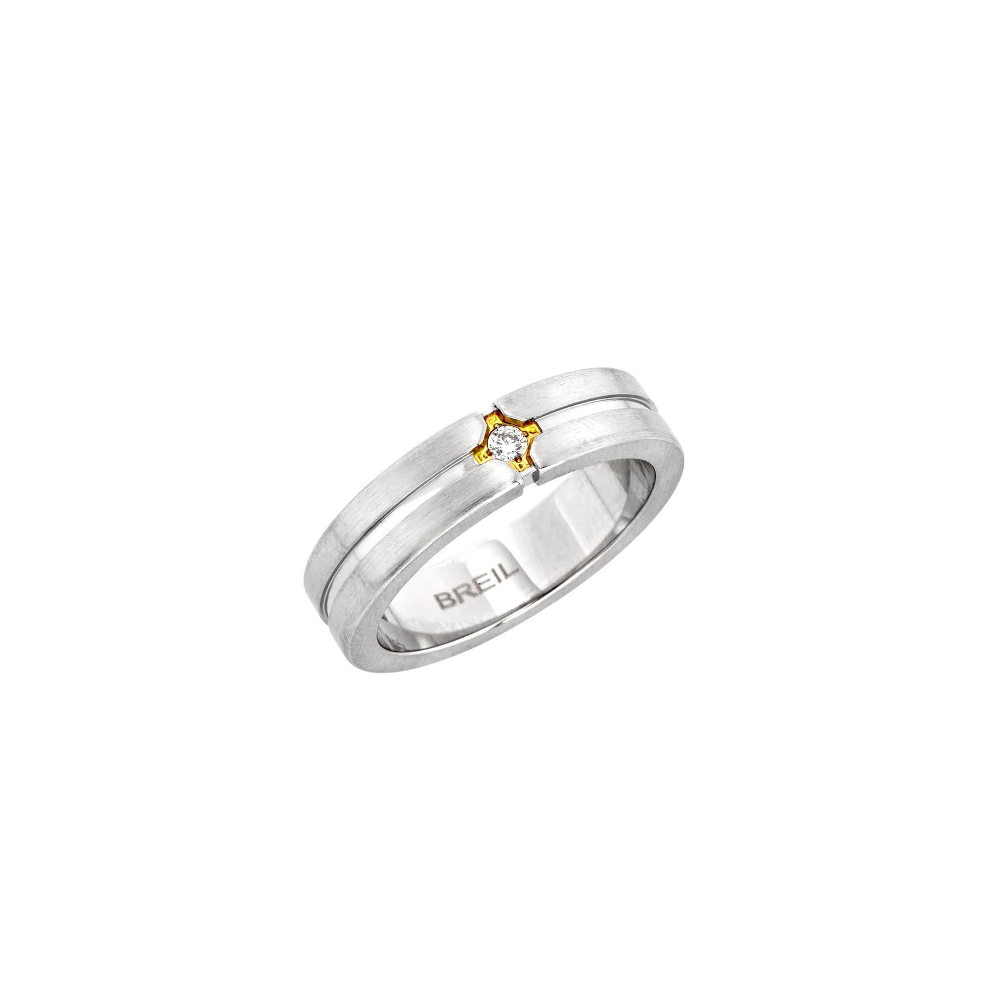 Breil, Collezione Crossroads, Anello Uomo in Acciaio Satinato con Elemento Centrale IP Gold e Cubic Zirconia Bianco, Misura 25