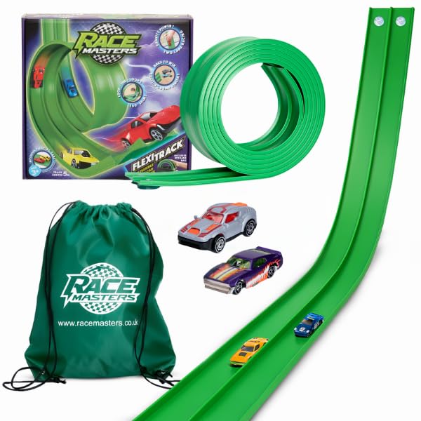 FlexiTrack – 5m Flexible Two-Lane Die-Cast Car Track Toy | Includes 2 Race Cars & Storage Bag | Mounts on Windows, Doors & Walls | STEM Toy for 3+ Year Old Kids | Tool-Free Setup | Made in the UK