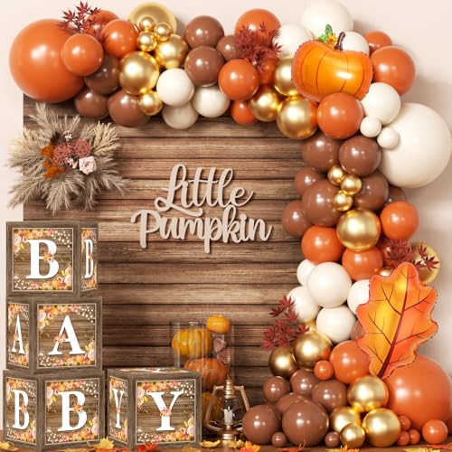 Little Pumpkin Balloon Arch Kit and 4 Wood Grain Baby Boxes with...