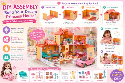 Image of Barbiieee Doll House Playset with Spray Function & Pink Car for Kids | 176 PCS, Spray Function, Pink Car