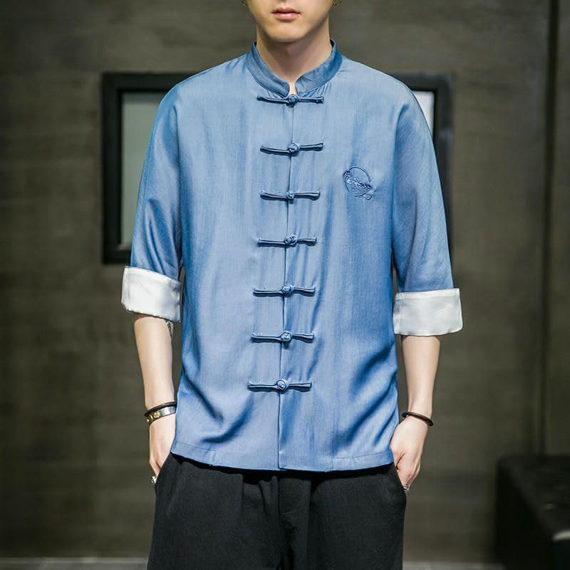 Chemise style chinois homme col montant et finitions boutons grenouille haut de gamme