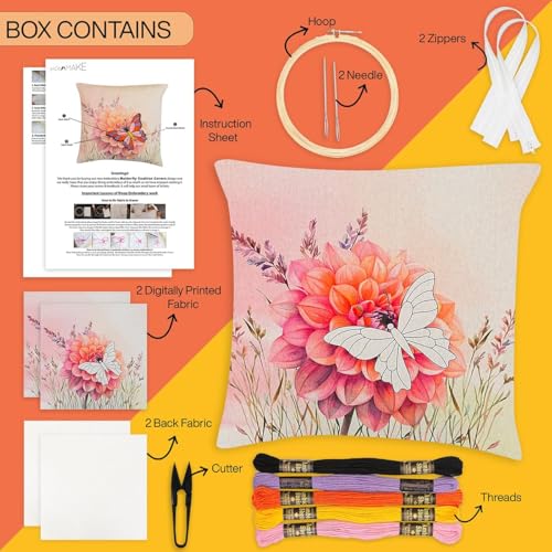Image of picknMAKE Butterfly Bliss DIY Craft Cushion /Pillow Cover with Beginners for Set Kit Embroidery Hand Cover Cushion DIY 2 of Pack |16 inchX16|Digitally Printed Embroidery Patterns|All Materials Included