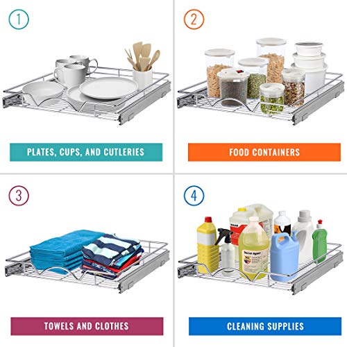 Richards Homewares Pull Out Drawer Cabinet Organizer – SlideOut Pots & Pans Sliding Shelf - Chrome One Tier 20"W x 21"D x 3.15”H, Requires At Least 21”Opening