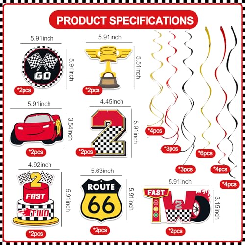 Image of Black Red Yellow 2nd Birthday Hanging Swirl Decorations-Race Car Ceiling Streamers,Race Car Theme Party Supplies,Party Favors(38 Pcs)