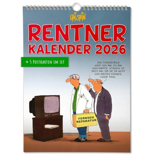 Uli Stein Kalender 2026 - Wandkalender Rentnerkalender - 240x330mm - Jahreskalender mit Motiv Seiten & Spiralbindung +5 Postkarten Geschenk - Cartoon Kalender - Monatskalender mit lustigen Sprüchen