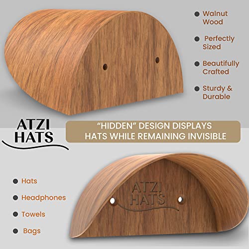 Atzi Hats Cowboy Hat Rack Hanger 2 Pack Wall Mounted Hat Hanger Hooks Baseball Cap Fedora Western Trucker Wall Holder Hat Organizer Display Racks Headphones Towel Minimalist Décor Walnut Wood