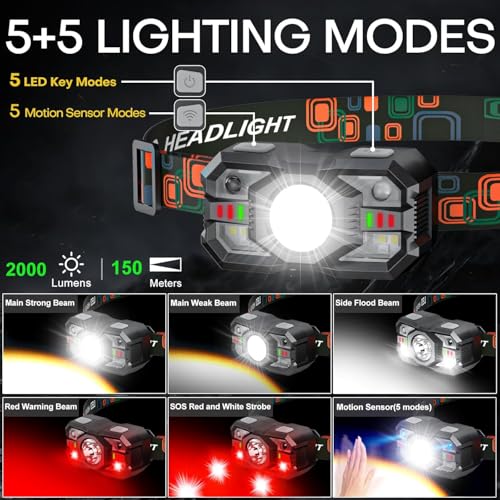 Rechargeable Headlamp Flashlight 3-Pack, 2000 Lumen Super Bright LED Headlight with Red Light, Motion Sensor for Adults Kid, Waterproof Lightweight Head Lamp for Outdoor Camping Running Hiking Fishing - Image 4