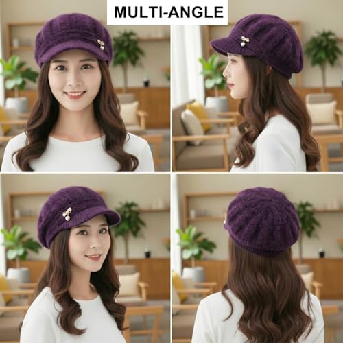 Image of Kraptick Women's Winter Knit Visor Beanie Hat with Soft Fleece Lining, Stylish Woollen Slouchy Warm Cap for Ladies, Snow Sun Shield Knit Cap for Winter -2