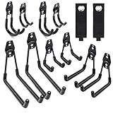 Garage Hooks, 12 Pack Wall Storage Hooks with 2 Extension Cord Storage Straps, Heavy Duty Tool Hangers for Utility Organizer, Wall Mount Holders for Garden Lawn Tools, Ladders, Bike (Black)