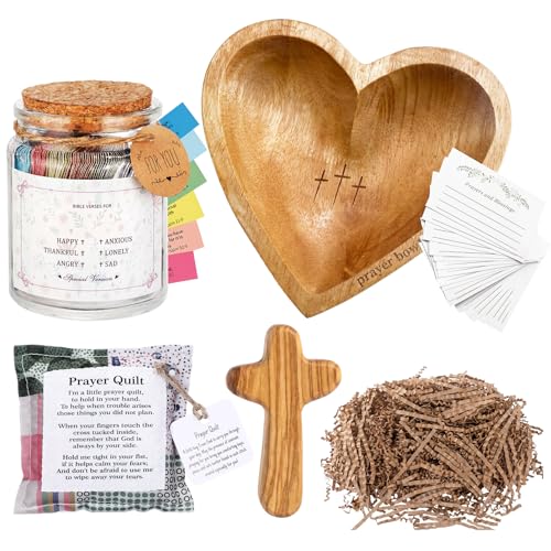 Potchen 5 Pcs Prayer Gifts for Women with Heart Prayer Jar Bowl Bible Verses Bowl Olive Wood Crosses 50 Cards Mini Pocket Scripture Quilt Raffia Faith Birthday Gift(Timber)