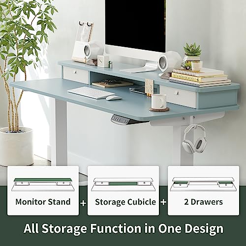 Image of FEZIBO Height Adjustable Electric Standing Desk with Double Drawer, 48 x 24 Inch Stand Up Table with Storage Shelf, Sit Stand Desk with Splice Board, White Frame /Blue Top