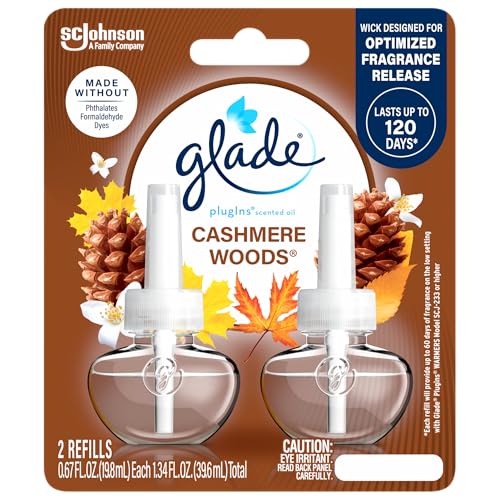 Glade PlugIns Refills Air Freshener, Scented and Essential Oils for Home and Bathroom, Cashmere Woods, 1.34 Fl Oz, 2 Count