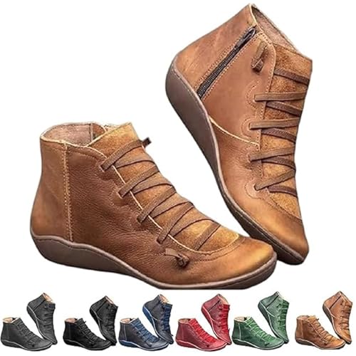 Fall Boots for Women 2025 Orthopedic Low Heel Arch Support Ankle Boots Vintage Side Zipper Work Booties Comfortable Daily Walking Flat Shoes