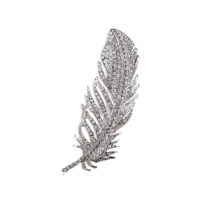 Broche de plumes en cristal de luxe argenté haute joaillerie et zircon brillant pour femme