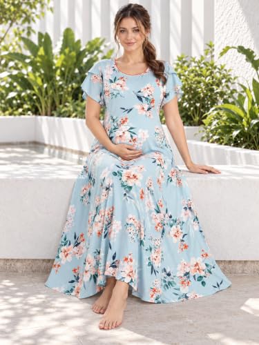 Image of CLOUD SOFT Women's Rayon Cotton Floral Printed Maternity Feeding Gown | Full-Length Nursing Nighty with Zipper | Pre & Post Pregnancy Dress (CS11004-5 MT All)
