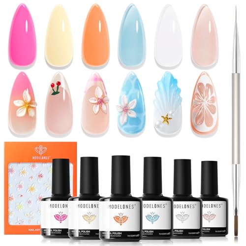 Modelones Gel Nail Polish Set 6 Colors 2026 Summer Clear Blue Blooming Gel Polish Creamy White Pastel Yellow Pink Orange Nude Jelly Nail Polish W Flower Stickers & Liner Nail Brush LED DIY Gift