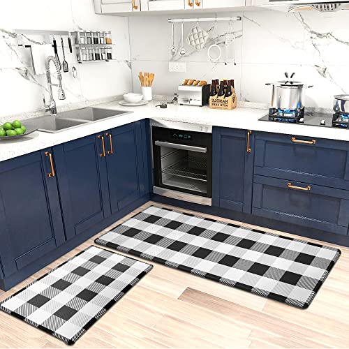 EARTHALL Kitchen Mat [2 PCS] Cushioned Anti-Fatigue Floor Mat, Waterproof Non-Slip Buffalo Plaid Kitchen Rug, Black and White Comfort Standing Mat for Kitchen, Home, Office, Sink, Laundry, Desk