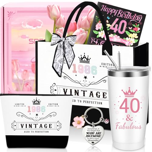 40th Birthday Gifts for Women Unique 40 Years Old Birthday Include 20 Oz Stainless Steel Tumbler with Straw Gifts for Wife Aunt Sister Friends Her Fashion 1986 Handbag Cosmetic Bag Born in 1986 Card