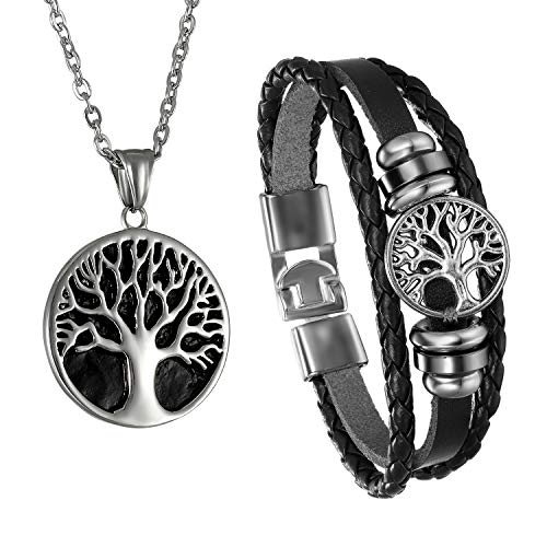 Cupimatch Ensemble de bijoux en acier inoxydable et cuir avec chaîne en forme d'arbre de vie pour garçons, argenté/noir, Cuir,