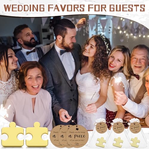 Image of Hotop 50 Sets Puzzle Wedding Favors - Gold Puzzle Piece Pins & Lapel Pins, 50 Wedding Thank You Tags & Gift Bags
