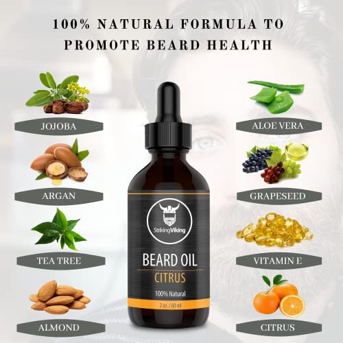 Striking Viking Scented Beard Oil Conditioner For Men - Natural Organic Formula With Tea Tree, Argan And Jojoba Oils With Citrus Scent - Softens, Smooths, And Strengthens Beard Growth #TOP3